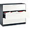 White filing cabinet with three drawers, one open, revealing red folders. Black body, silver handles.