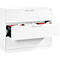 White two-drawer filing cabinet, one drawer open. Inside the open drawer are files.