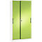 Wardrobe with two green sliding doors, white frame and narrow metal handles.
