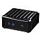 Schwarzer Mini-PC mit geriffelter Oberseite, USB- und Audioanschlüssen.