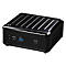 Schwarzer Mini-PC mit glänzender Oberfläche, Rillen auf der Oberseite, Anschlüsse vorn.
