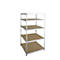 Metal shelf with five tiers, light wood panels, white background.