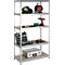 Metal shelf with tools: welding mask, cable reel, drill, wrenches, screwdrivers, tool case. Light wooden boards and silver metal frames.