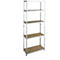 Metal shelf with 5 wooden shelves. The sides are silver and the shelves are brown. Stands against a white background.