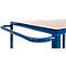Close-up of a blue handle on a table. The table has a light wood top.