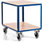Blue trolley with two shelves, wood look and four castors.