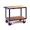 Two-tier blue service cart with wooden shelves, gray wheels, and handle.
