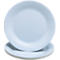 Assiettes en papier blanches, empilées. L'assiette du dessus est légèrement inclinée. Les assiettes sont nervurées.