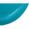 Gros plan sur une assiette en papier turquoise. Le bord extérieur cannelé et la surface intérieure lisse sont clairement visibles.