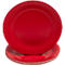 Assiettes en papier rouges; une est sur une pile, une au-dessus.
