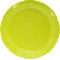 Une assiette en carton jaune fluo, enveloppée dans du film transparent.