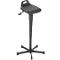 Black standing stool, ergonomic seat with hole pattern, adjustable height, five-legged base.