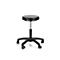 A black, height-adjustable rolling stool with a round seat and five casters.