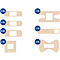 Diverses formes de pansements beiges, avec des cercles noirs indiquant la quantité. Certains ont des inscriptions.