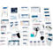 Assortiment de fournitures médicales emballées individuellement, ciseaux, papiers, instructions, bandages, pansements. Le tout sur fond blanc.