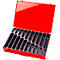 Open red toolbox with 21 compartments. Black compartments with red box, carrying handle, and lid. Empty.