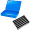 Blue metal box with open lid and separate black insert tray.