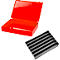 Open red metal box with black insert. The lid is open, next to it is the black interior divider.