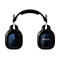 Schwarzes Headset mit silbernen Details und blauen Akzenten. Auf den Ohrmuscheln Logos und Schriftzüge.