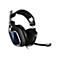 Schwarzes Gaming-Headset mit Mikrofon, blauem Akzent und silbernen Details auf weißem Hintergrund.