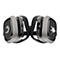 Draufsicht auf ein Gaming-Headset in Grau und Schwarz. Auf den Ohrmuscheln sind Logos abgebildet.