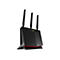 Ein schwarzer WLAN-Router mit drei Antennen, roter Basis und ASUS-Logo.