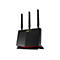 Schwarzer Router mit drei Antennen, roter Unterseite und ASUS-Logo.
