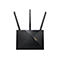 Schwarzer Router mit drei Antennen, ASUS Logo und Bedienfeldern, auf weiÃŸem Hintergrund.