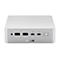 Silberne Asus Dockingstation mit verschiedenen Anschlüssen, USB-C-Ports und Ein-/Ausschalttaste auf weißem Hintergrund.