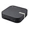 Dunkelgraue Asus Chromebox mit USB-Anschlüssen, Kopfhörerbuchse und Ein-Aus-Taste auf der Vorderseite.