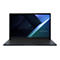 Dunkelgraues ASUS ExpertBook-Laptop, das geöffnet auf weißem Hintergrund steht. Der Bildschirm zeigt ein blau-grünes Muster mit dem Logo.