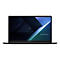 Schwarzes Laptop mit eingeschaltetem Bildschirm. Auf dem Bildschirm sind blaue und türkise geometrische Formen vor dunklem Hintergrund zu sehen.