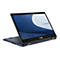 Ein grauer Laptop mit geöffnetem Bildschirm. Der Bildschirm zeigt einen blauen Hintergrund und den Text "ASUS ExpertBook".