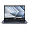 Dunkelblauer Laptop mit geöffnetem Display, auf dem ein abstraktes Design zu sehen ist. Auf dem Display ist auch der Schriftzug ASUS Expertbook zu sehen.