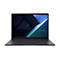 Schwarzes Asus Expertbook Laptop, frontal abgebildet mit abstraktem, blauem Bildschirmhintergrund auf neutralem Hintergrund.
