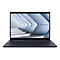 Dunkelblauer Laptop, Frontansicht, offener Deckel, Bildschirm zeigt helle, geometrische Formen und Asus ExpertBook Schriftzug.
