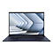 Dunkelblauer Laptop, offene Ansicht, Tastatur im Vordergrund, Display zeigt blaue geometrische Formen und Schriftzug: ASUS Expertbook.
