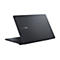 Dunkelgraues ASUS Expertbook-Laptop, leicht geöffnet, Ansicht von hinten rechts, auf weißem Hintergrund.