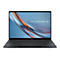 Schwarzer Asus ExpertBook Laptop in Frontalansicht mit abstraktem, blau-orangem Hintergrund auf dem Display.