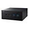 Schwarzer ASUS Mini-PC, Frontansicht mit USB-Anschlüssen, Kopfhöreranschluss und ASUS-Logo.
