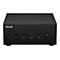 Schwarzer ASUS Mini-PC. Frontansicht mit Logo, Anschlüssen und Einschaltknopf.