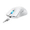 Souris de jeu blanche avec molette lumineuse et port USB-C, câble connecté.