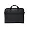 Schwarze Laptoptasche, rechteckig, mit Tragegriff, Gurt und Reißverschluss.