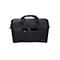 Schwarze Laptoptasche mit Griffen und zwei Außentaschen. In einer Tasche steckt ein Smartphone, in der anderen ein schwarzes Rechteck.