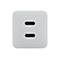 Vorderansicht eines weißen USB-C-Wandladegeräts mit zwei USB-C-Anschlüssen, beschriftet als USB-C1 und USB-C2.