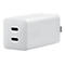 Weißer Asus Netzadapter mit zwei USB-C-Anschlüssen vor neutralem Hintergrund.