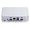 Mini-ordinateur argenté. L'avant présente des ports pour HDMI, USB, DCIN et Ethernet.