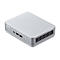 Grauer ASUS Mini-PC, rechteckig, mit Anschlüssen und Power-Knopf. Logo ASUS oben links.