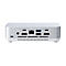 Silberner Mini-PC mit Anschlüssen für HDMI, USB und Ethernet auf weißem Hintergrund.