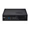 Schwarzer Mini-PC mit ASUS-Logo und Anschlüssen. Seitlich Lüftungsgitter, Front mit USB, Audio und Mikrofon.
